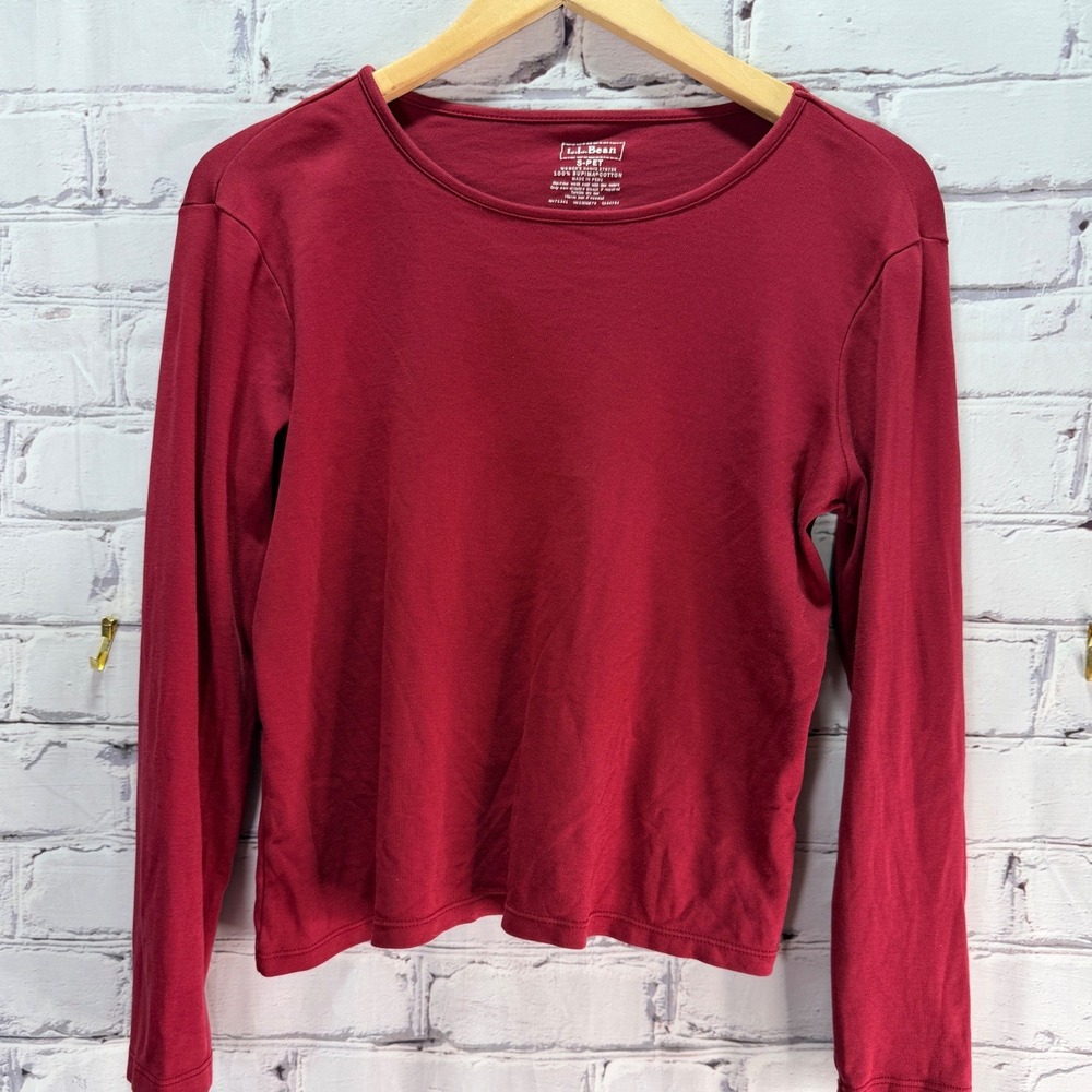 LL Bean Long Sleeve Top Womens Small Petite Maroon Round Neck Supima Cotton Tee - Picture 7 of 7